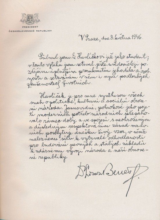 Otištěný dopis Edvarda Beneše na první straně sborníku roku 1946