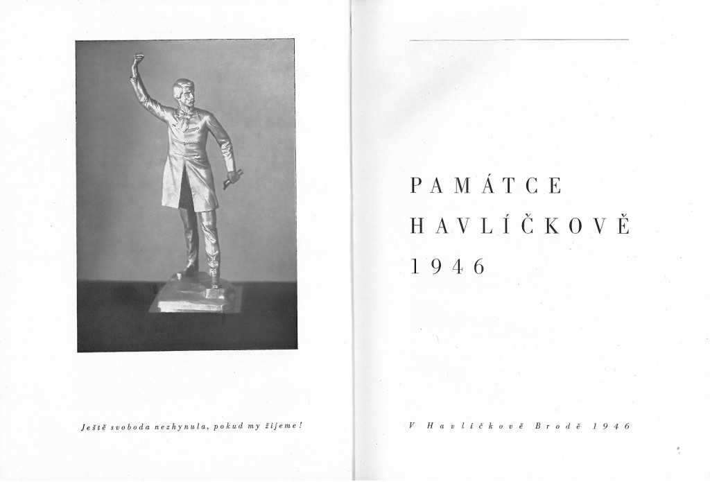 Frontispis s motivačním heslem a titulní list sborníku Památce Havlíčkově z roku 1946