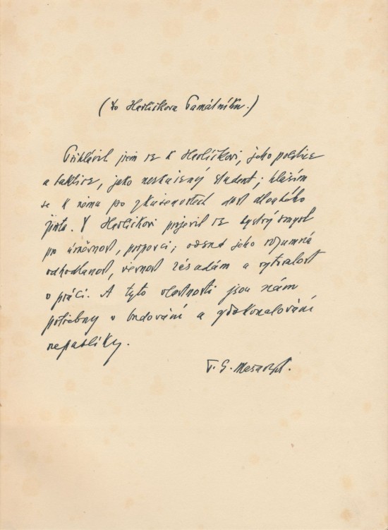 Otištěný dopis Tomáše Garrigue Masaryka na první straně sborníku roku 1924